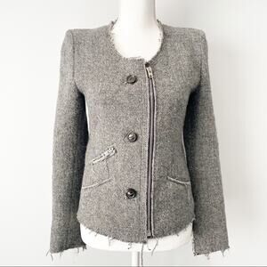 IRO gray distressed wool tweed Moto jacket zip buttons blazer size 1 small